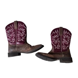 Ariat Brown Leather Cowboy Boots with Pink Stitching | Women’s Sz 10